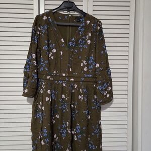 Olive Green Floral V-Neck Long Sleeve Women's Dress